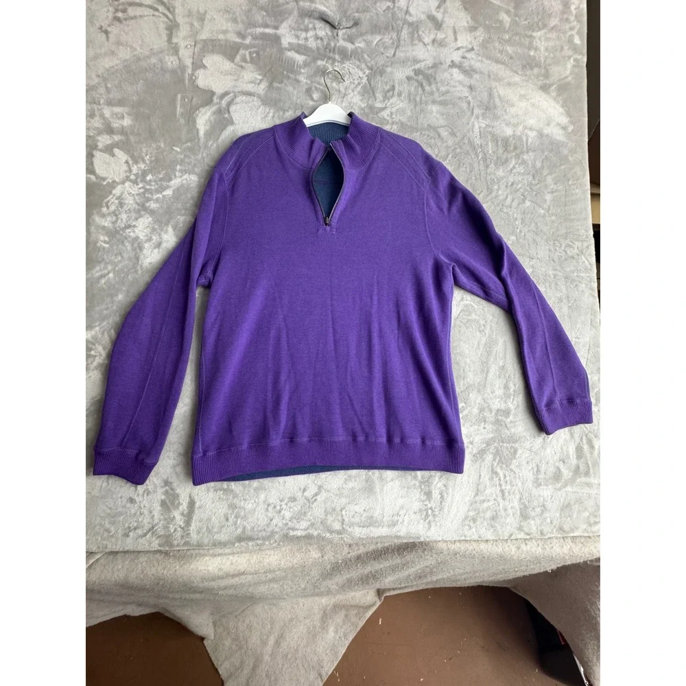 Tommy Bahama Mens Reversible Quarter‎ Zip Sweater Purple Blue Cotton Large 1330